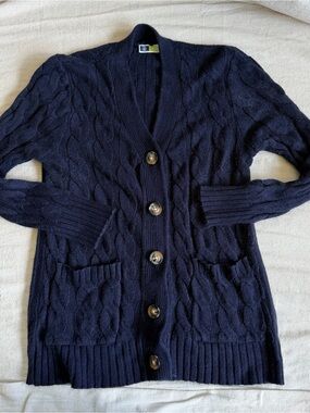 Navy Blue Cable Knit Cardigan Sweater Small Coastal Grandma Preppy Academia